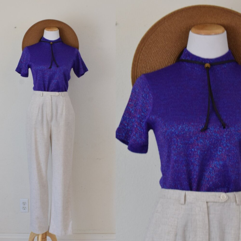 Vintage 80s Purple Pullover Metallic Mockneck Shirt |‎ size XL
